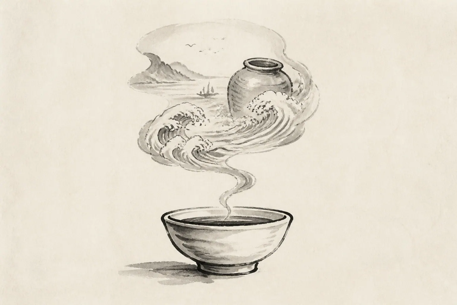 简笔古风情境插画：热汤蒸汽中浮现海浪与陶瓮