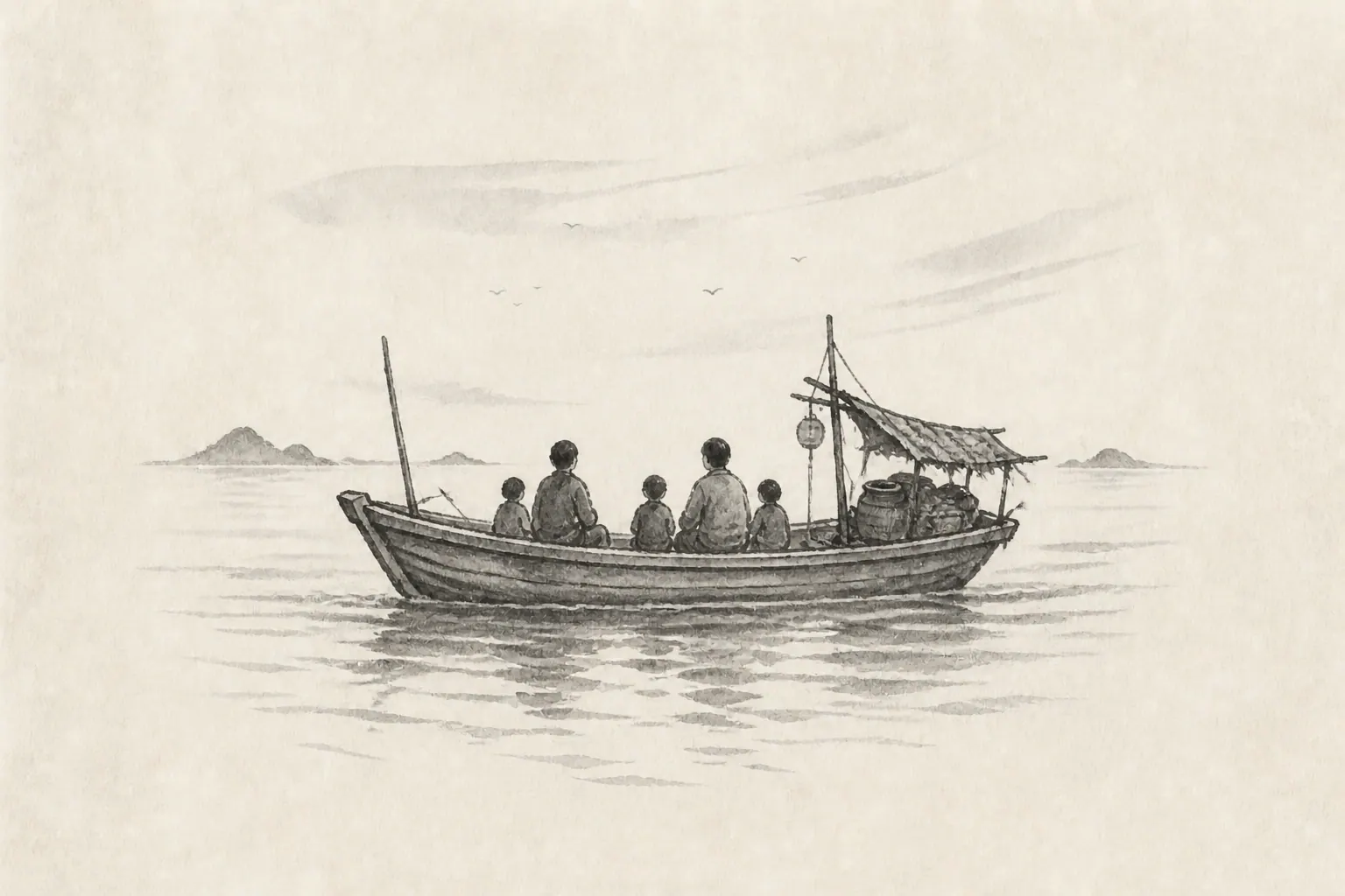 简笔古风情境插画：一家五口坐在海上小船中