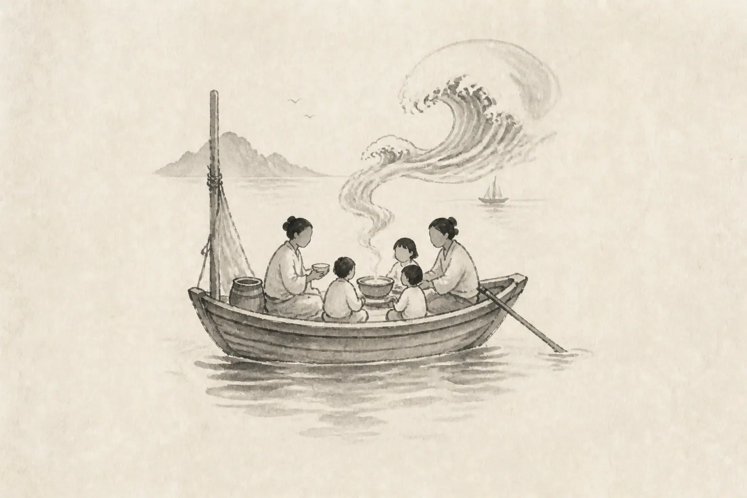 简笔古风情境插画：小船上的一家人围着一碗热汤