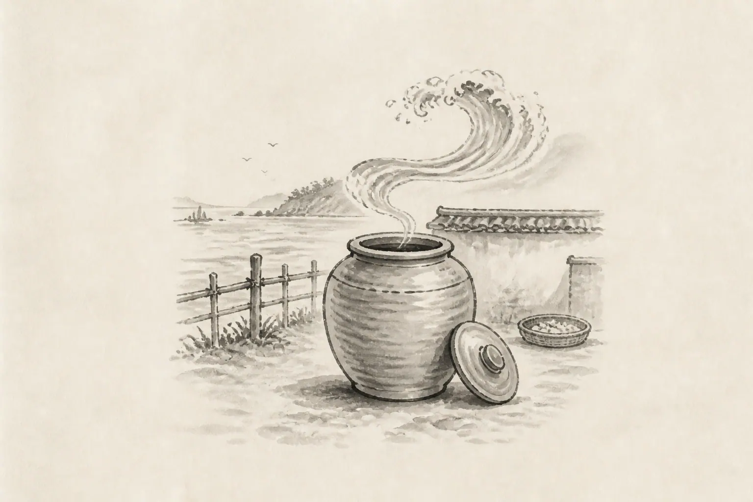 简笔古风情境插画：海边院落中打开的一只大陶瓮