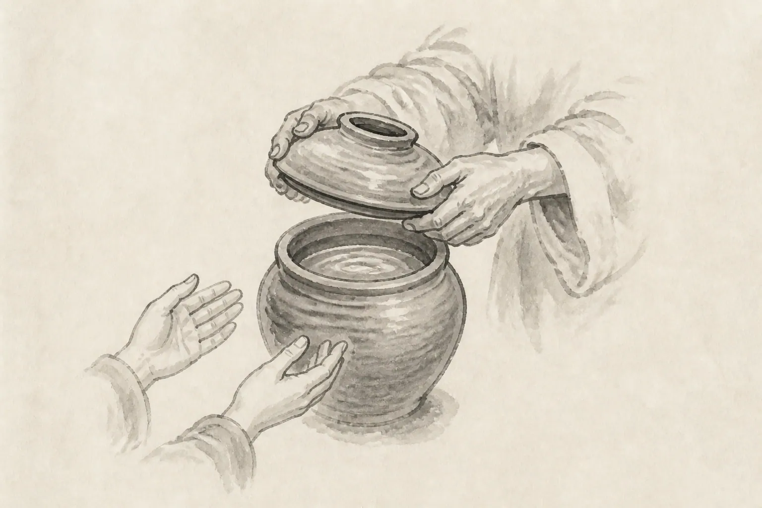 简笔古风情境插画：年长者的手揭开陶瓮，年轻的手在旁等待