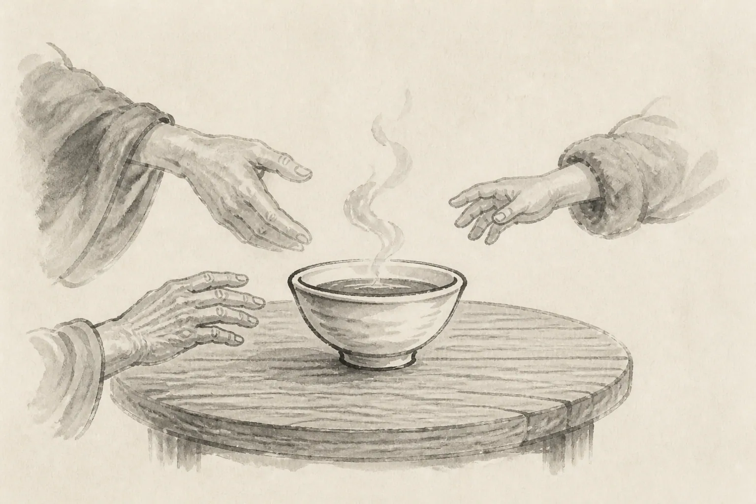 简笔古风情境插画：不同年龄的手围向同一碗热汤