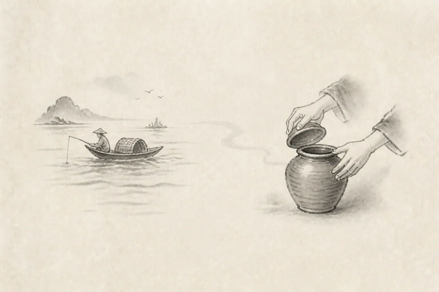 简笔古风情境插画：海上小船与打开的陶瓮分为两景