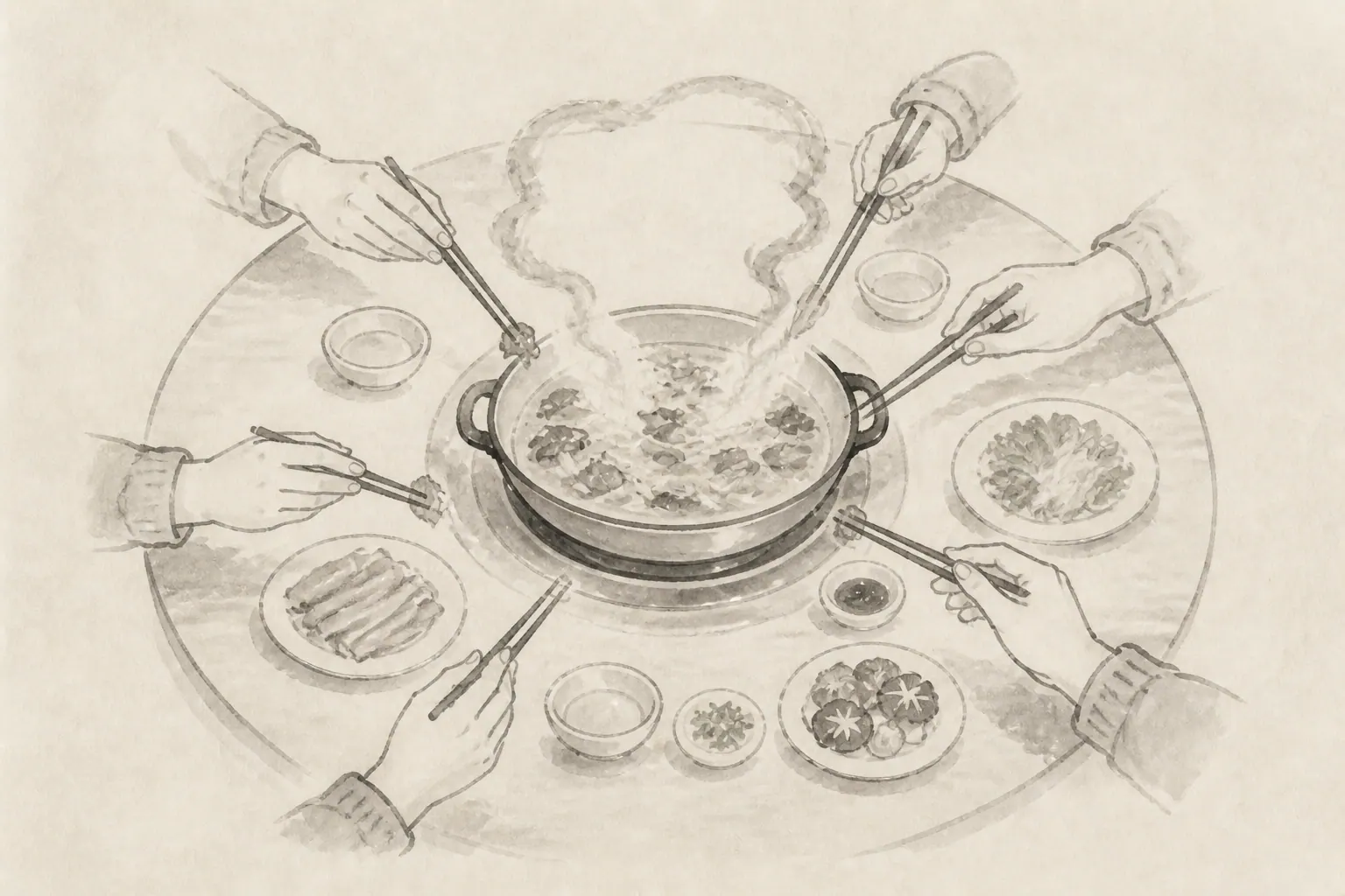 简笔古风情境插画：多双手与筷子围着一锅热汤